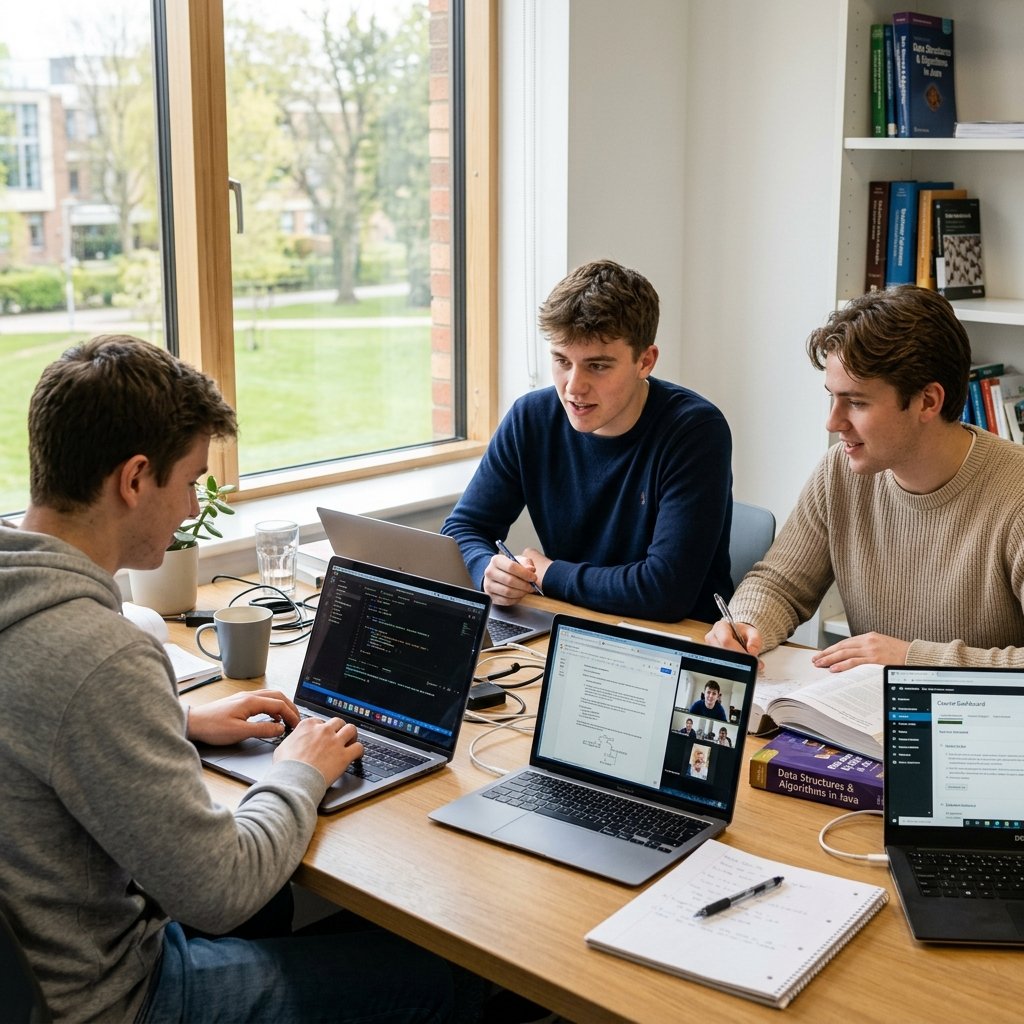 Real students collaborating in a practical workshop for AI, Engineering, and English